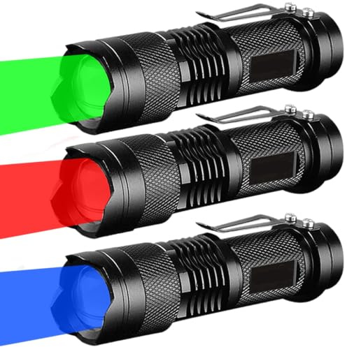 MODOAO LED Torch 3 Pack Red Green Blue Light 3 Light Modes Zoomable Outdoor Flashlight with Waterproof Clip Flashlight for Outdoor Camping, Hiking, Fishing, Emergency