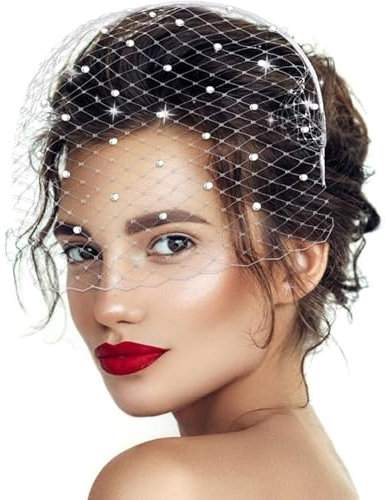 UTXN Weißes Schleier-Stirnband, Fascinator-Hut, weißer Spitzenschleier, Damenaccessoires, Stirnband im Stil der 1920er Jahre, Kurze Schleier für Damen mit Strasssteinen, Hochzeitsschleier