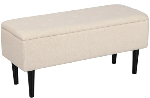 HOMCOM 57L Storage Ottoman, End of Bed Bench with Wooden Legs, Fabric Footstool for Living Room, Bedroom, 95 x 38 x 45cm, Cream White