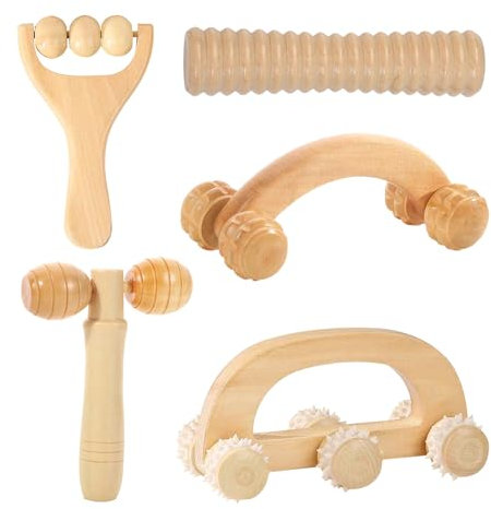 AIMUMEIF 5 Stück Massage Holz Massageroller Set,Massage Roller Faszienstab Premium Faszienrolle Massagegerät mit Griff für Muskelentspannung