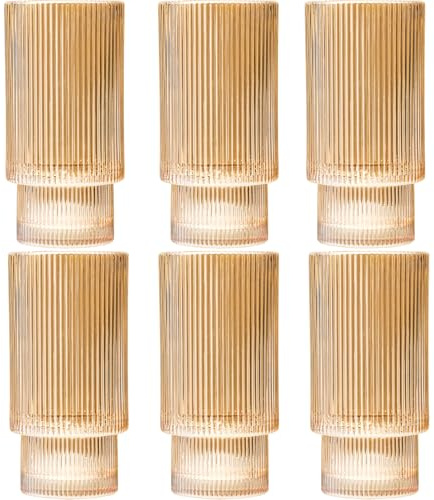 12 oz Ribbed Drinking Glasses Set of 6, Clear Vintage Iced Coffee Cups Elegant Glassware, Highball Glass Cups Ridged Glass Tumbler for Cocktail, Whiskey, Beer, Water, Juice, Origami Style Amber
