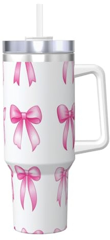 ZSUUGJ Bow Pink 40 Oz Tumbler With Handle And Straw Lid Car Cup Stainless Steel Water Bottles Insulated Coffee Cup Travel Mug Gifts For Men Women