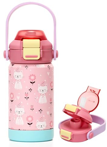 pluseight Kinder Isolierte Wasserflasche mit Strohdeckel, 350 ml BPA-freie Doppelwand Vakuum Tumbler 18/8 Edelstahl Leck Proof Kinder Tassen mit Stroh für Schule Reise Jungen Mädchen (Katze)
