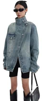 Vsadsau Chaqueta vaquera para mujer, cuello alto, botones, manga larga, empalme, casual, abrigo de mezclilla, azul, L