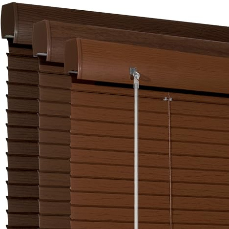 Boolegon Full Privacy L-Shaped Blades Faux Wood Blinds for Indoor Windows Aluminum Mini Blinds Room Darkening for Windows Horizontal Window Blinds for Home,Office,Cherrywood,Custom Size