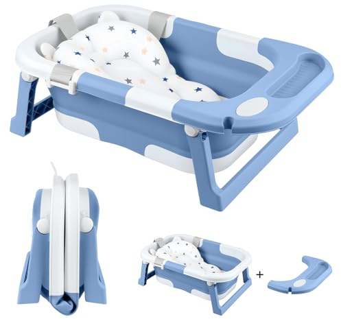 JF HOME BLISS Foldable Baby Bathtub – Portable Collapsible Infant Tub with Seat Support & Heat-Sensitive Drain – Newborn to Toddler (0-36 Months) – Safe, Non-Slip & Space-Saving (Blue)