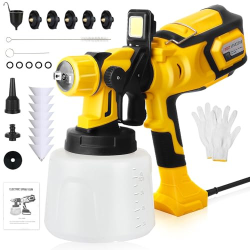 Pistola per Verniciare, 850W HVLP Pistola a Spruzzo per Verniciare con Contenitore 1400ml, 5 Ugelli in Ottone, Luce LED, Regolabili Flusso e Larghezza per Muri, Pareti, Soffitti