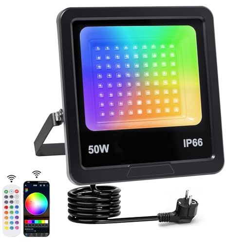 Foco LED RGB Exterior 50W, Regulable Foco LED con APP Bluetooth y Mando a Distancia 2.4G, IP66, 16 Millones de Colores DIY, Para Jardín, Fiestas, Pascua, Halloween