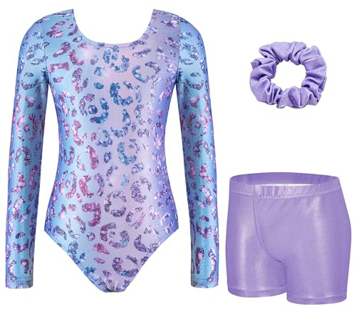 Arshiner flicka tredelad gymnastikdräkt långärmad barn gym kostym med byxor hårband akrobatik kostym glittrande balett danströja unitard, leopard, 6-7 år
