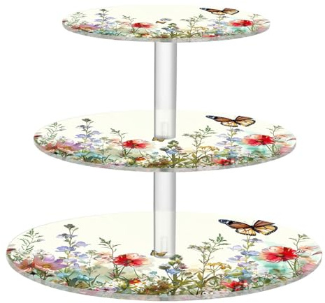 Blueangle 3-Tier Round Cupcake Stand – Colorful Herbs and Flowers Acrylic Dessert Tower, Non-Slip Tiered Dessert Stand for Baby Shower, Birthday, Wedding Party （381）