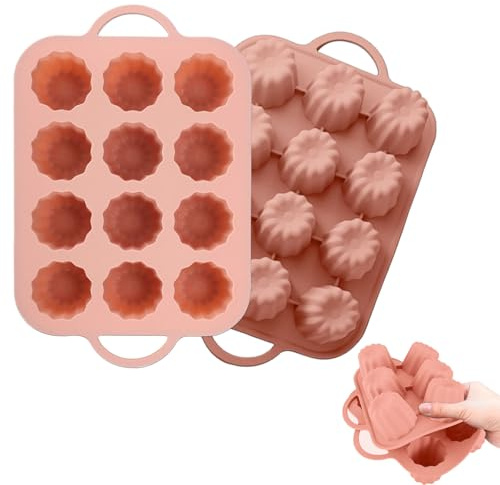 12 Cups Silicone Muffin Pan, Nonstick Cupcake Pan, Silicone Muffin Tin with Handle, Reusable Cupcake Baking Pan for Cakes, Bread (Pink-2 Pack)