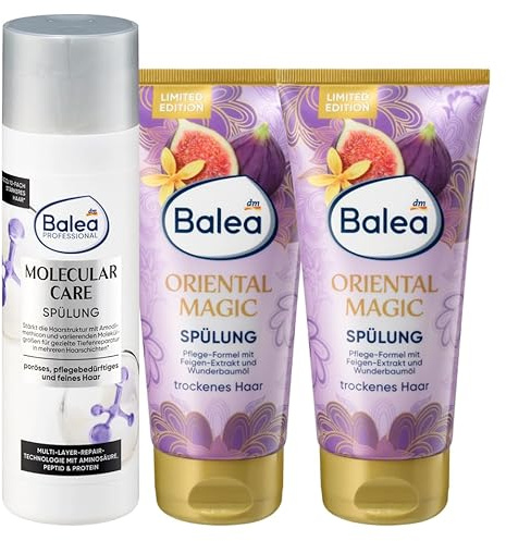 Balea 3er-Set Haarpflege: Professional Conditioner Molecular Care bei porösem feinem Haar strukturstärkend für Glanz & verbesserte Kämmbarkeit, 200 ml + Haarspülung Oriental Magic, 2 x 200 ml (600 ml)
