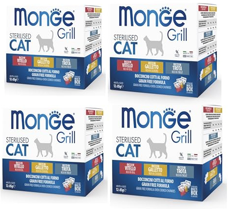 Monge Grill Sterilised Cat, Bocconcini Cotti al Forno, Gusti Galletto, Trota e Vitello, Grain Free, 48 x 85 g