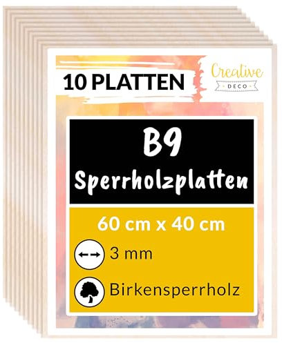 Creative Deco 10 x Sperrholzplatte 3mm | 600 x 400 (+/- 2) mm | Birkensperrholz Dünne holz-Zuschnitte | Perfektes Blatt für Laubsäge, Brandmalerei, Laserschnitt, CNC Router, Durchbrochenes