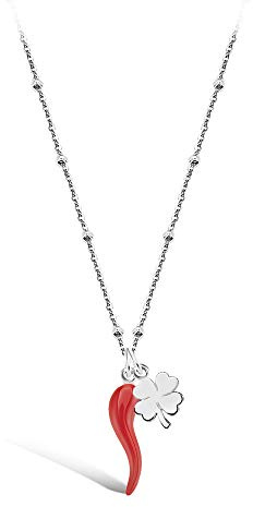 Emma Gioielli - Collana da Donna Catena Rolò Sfere Palline in Acciaio di Alta Qualità con Ciondolo Corno Cornetto Rosso Quadrifoglio Portafortuna - Confezione Regalo