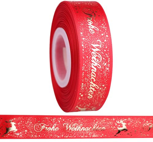 LOOGI 22m Schleifenband 25mm Satinband, Geschenkband Weihnachten Breit Rot Dekoband Weihnachtsband Stoffband mit Frohe Weihnachten