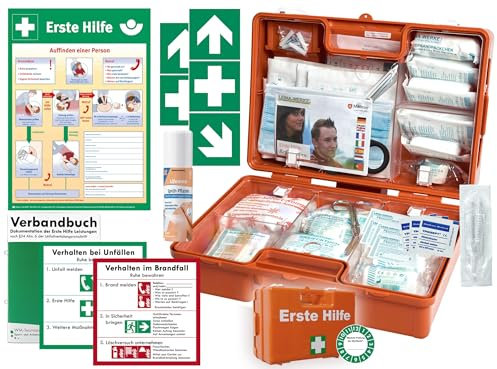 Verbandskoffer/Verbandskasten (M) Typ S -Komplettpaket- Erste Hilfe nach aktueller DIN 13157 für Betriebe -DSGVO- INKL. PERFORIERTEM VERBANDBUCH + Sprühpflaster & AUFKLEBER + Aushang