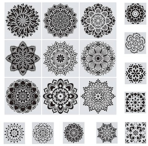 Woohome 18 Stück Mandala Schablonen, Mandala Dot Wiederverwendbare Malschablonen Mandala für DIY Wand, Felsen Stein, Holzmöbel und Mehr (30 x 30CM, 15 x 15CM)