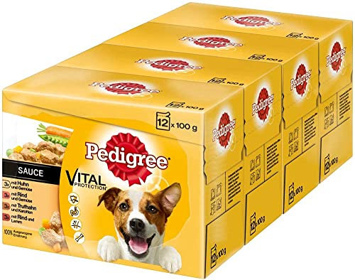 PEDIGREE Portionsbeutel Multipack Adult 4 Varietäten in Sauce mit Huhn, Rind+Leber, Truthahn, Rind+Lamm 4 x 12 x 100g