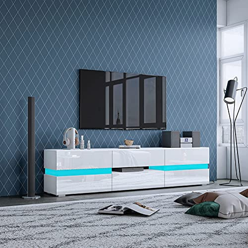 TV Stand with LED Lights, Modern High Gloss TV Cabinet TV Unit 177CM with 2 Doors and 1 Drawer for Bedroom Living Room Home Furniture (White)