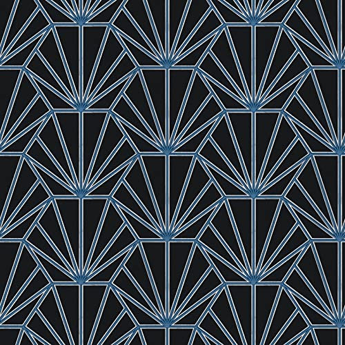 Art Déco Tapete in Schwarz und Blau | Schlafzimmer und Wohnzimmer Vliestapete mit Vinyl | 20er Jahre Tapete mit geometrischem Muster