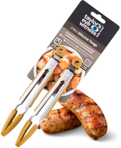 Taylors Eye Witness 2 Small Steel Yellow Silicone Tongs - Dishwasher Safe. Sturdy Build, Non-Scratch Heads, Convenient Locking Mechanism. Odour, Stain & Heat Resistant (260°C/500°F). 5 Year Guarantee