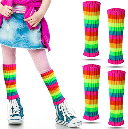 Loopeer 2 Pairs 80s Neon Leg Warmers for Girls Toddler Knit Ribbed Leg Socks for 1980s Party Cosplay Costume Accessory(11.02 x 2.76 In,Mixed Colors)