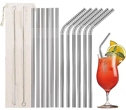 Metal Cannucce, 12 pezzi riutilizzabili cannucce (6 dritto + 6 curvo), 21cm con 2 spazzole di pulizia e 1 sacchetto portatile di trasporto, per cocktail, latte, frullato, caffè freddo, tè a bolle