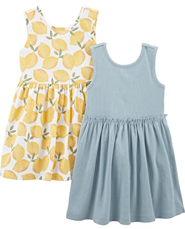 Simple Joys by Carter's Mädchen Short-Sleeve and Sleeveless Dress Sets, Pack of 2 Kinderkleid, Staubblau/Weiß Zitrone, 8 Jahre