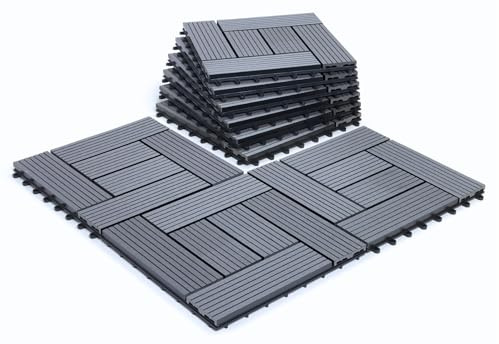 Click-Deck Terrassenfliesen aus Verbundwerkstoff – Ebenholz, Grau & Teakholz, Terrasse, Balkon, Dachterrasse, Whirlpool-Deckfliesen Bodenbelag (6 x Verbund-Terrassenfliesen, graues Mosaik)