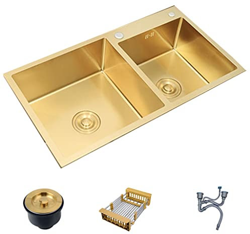 Küchen Küchenspüle Aus Edelstahl In Gold Große Größe Doppelwaschbecken Haushaltsspülbecken Unterbauwaschbecken Einbau-Gemüsespüle Küchenspülen (Color : Gold, S : 80 * 45cm)