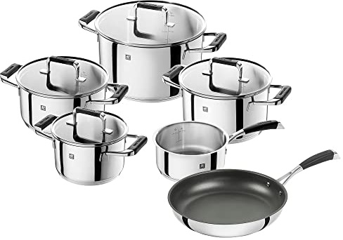 CORNELIA POLETTO BY ZWILLING Kochtopf-Set mit Pfanne, 6-teilig, 4 Deckel, Induktionsgeeignet, Edelstahl, mit Glasdeckel