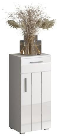 trendteam smart living - Wons - Standschrank - Weiß/Weiß Hochglanz - zeitloser Badezimmerschrank - (BxHxT) 37 x 83 x 31 cm - silberfarbene Griffe - kratzfest | B 37 x H 83 x T 31 cm · feuchtraumgeeignet · 1 Tür, 1 Schublade, 1 Einlegeboden