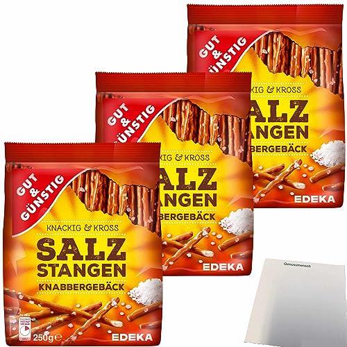 Gut&Günstig Salzstangen Knabbergebäck Knackig & Cross mit Meersalz 3er Pack (3x250g Packung) + usy Block