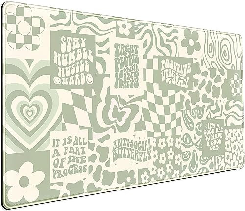 DCJJM Boho Aesthetic Desk Mat Beige Retro Hippie Boho XXL Large Extended Gaming Green Sage Mouse Pad Women Gamer Girl Work Office Computer Deskmat Mousepad Laptop Keyboard Mat Desk Pad 31.5x15.75 in