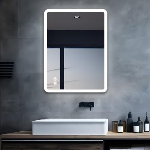 MIQU Miroir de Salle de Bain à LED avec éclairage - 70 x 50 cm - Grand Miroir de Salle de Bain avec Bouton Tactile - Intensité Variable - Lumière Chaude et Blanche Anti-buée pour Salle de Bain