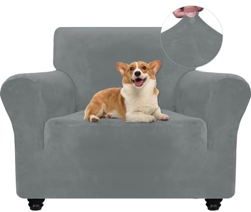 Ystyle Elastischer Samt Sofabezug 1 Sitzer, Hellgrau | Stretch Sofa Überzug, Sofaschoner Rutschfest, Couch Überzug, Sofa Cover mit Armlehnen, Sesselschoner Sofaschutz Katze