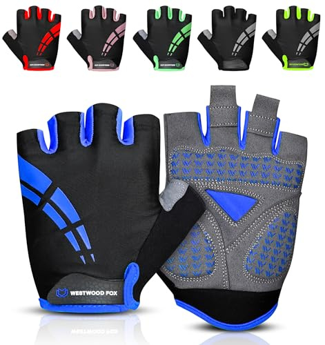 WESTWOOD FOX Guanti da ciclismo per uomo e donna, guanti unisex con imbottitura in gel antiscivolo, traspiranti, con palmo per assorbire gli urti, guanti estivi da ciclismo e mountain bike (Blu, L)