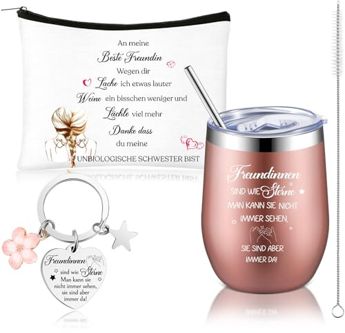 Hestya 3 Stück Beste Freundin Geschenke Geburtstag Freundin Thermobecher mit Spruch und Schlüsselanhänger Kosmetiktasche Tasse 12 oz 350 ml