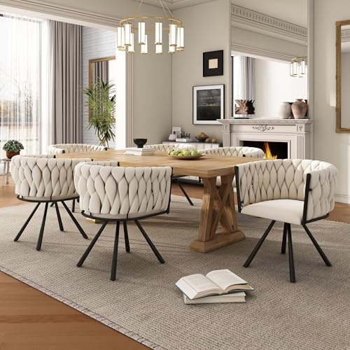 Merax Drehstuhl 6er Set, Moderne Esszimmerstuhl aus Samt, Armlehnstuhl Drehbar mit Metallbeinen, für Esszimmer, Wohnzimmer, Schlafzimmer, Beige