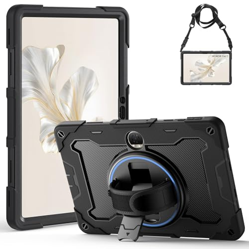 Gerutek Custodia Antiurto per Honor Pad 9 12.1 Pollici 2024 | supporto girevole a 360°, cinghia da mano,tracolla, portapenne, cover robusta protettiva, nero
