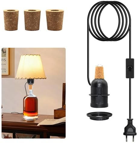 Kit Lampe Bouteille, Support de Lampe de Bouteille, Adaptateur de Lampe E27, Douille E27 avec Interrupteur et Cable 240 cm, DIY Lampe Bouteille, 3 Tailles de Bouchons, pas D'ampoule, Abat-jour