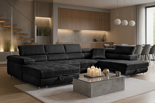 SOFILAND Wohnlandschaft Aller Moon U XXL-Ecksofa mit Schlaffunktion und Zwei Bettkästen. (Graphit, Rechts)