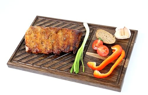 B4K® Steakbräda i ekträ – serveringsbräda för biff och grillkött – massiv skärbräda med juicespår – högkvalitativ grillbräda för grillning, kött och mer