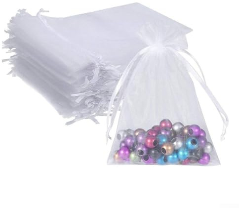 Weiße Organza-Beutel mit Satinbändern, 100 Stück, für Gastgeschenke und Bastelarbeiten (9 x 12 cm)
