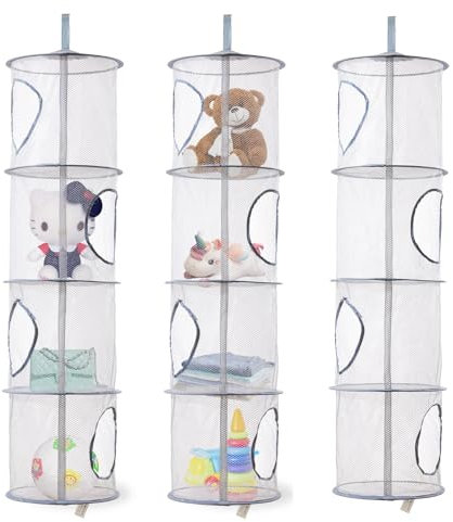 2 Stück Set Hängende Netz-Aufbewahrungstasche, Hängender Speicherkorb Kinder, Hängeorganizer 4 Tier Faltbare Aufbewahrungsnetze, Kuscheltiere Hängeregal Für Spielzeug, Kleine Kleidung (3 Stück Grau)