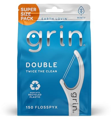 GRIN Double Flosspyx, Floss Picks, 150 ct, Dental Flossers, Minty Flavor, Recycled Plastic, 2 Lines of Strong Floss, Longer Floss Head, Traps Food and Plaque, Includes Safe Soft Fold-Back Tooth Pick