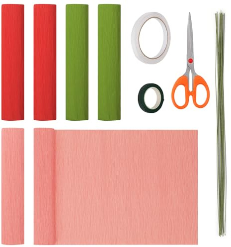 Mardatt 39 Stück Crepe Papier Blume DIY-Kits, 6 Rollen 10 x 98 Zoll Crepe Papier Blätter mit 30 Stück Blumen Draht Stamm, doppelseitiges Band, Blumen Band, Scisso, rosa/grün/rot