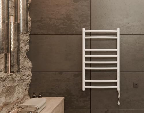 Asciugamani elettrico bianco, 130 W, 810 x 480 mm, radiatore da bagno con termostato e timer, IP44, Elna Design