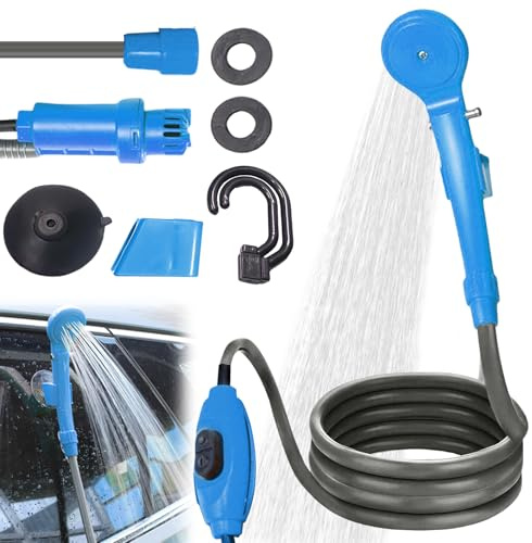 PORFOYO Campingdusche Camping Dusche, 12V Tragbare Campingdusche mit Handbrause und Schlauch, Campingdusche mit Pumpe, Campingdusche Tauchpumpe für Wandern, Camping, Reisen, Strand, Haustier (Blau)
